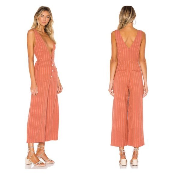 Tularosa Pants - Tularosa Frankie Deep V-Neck Sleeveless Pinstripe Linen Jumpsuit Clay XXS NWT